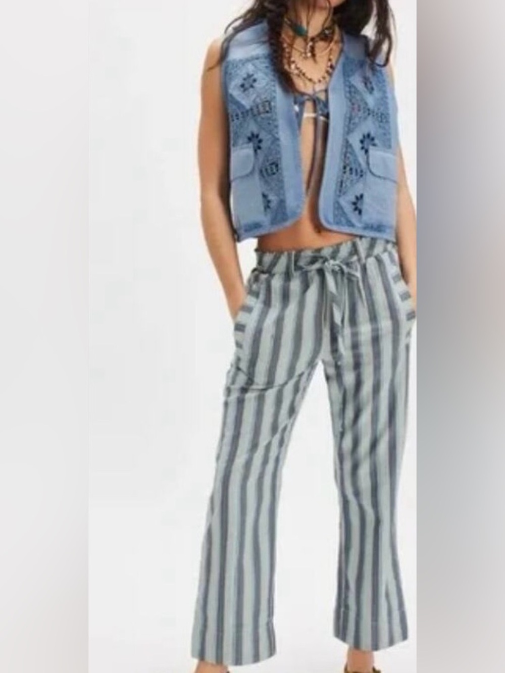 Free People Vertical Stripe Wide-Leg Tie-Waist Pants - Blue/Gray